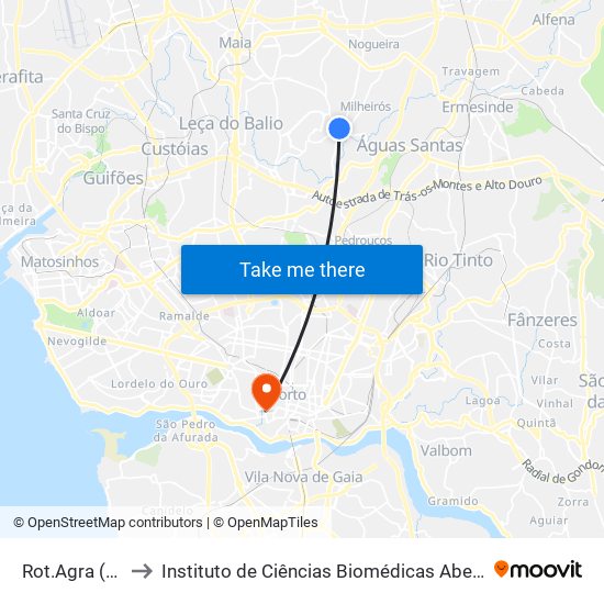 Rot.Agra (Milheirós) to Instituto de Ciências Biomédicas Abel Salazar - Polo de Medicina map