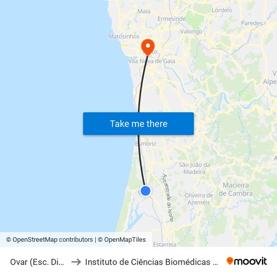 Ovar (Esc. Dias Simões) - A to Instituto de Ciências Biomédicas Abel Salazar - Polo de Medicina map