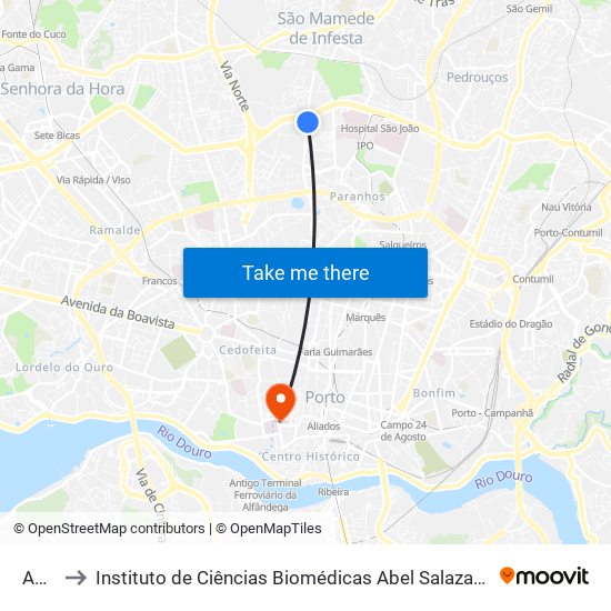 Amial to Instituto de Ciências Biomédicas Abel Salazar - Polo de Medicina map
