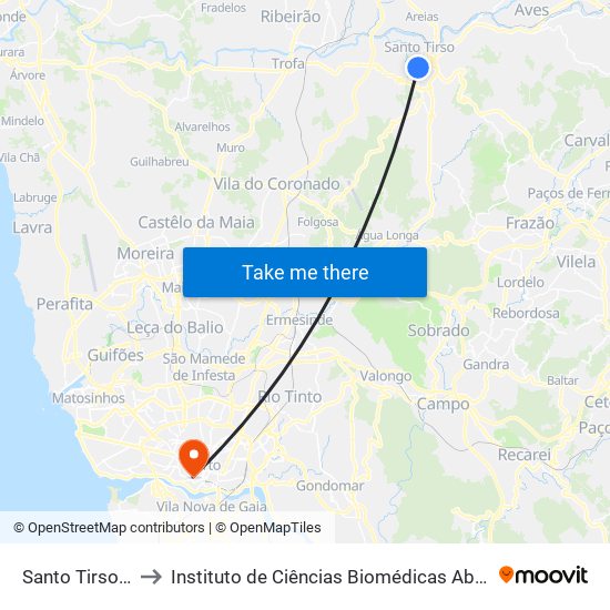 Santo Tirso (Terminal) to Instituto de Ciências Biomédicas Abel Salazar - Polo de Medicina map