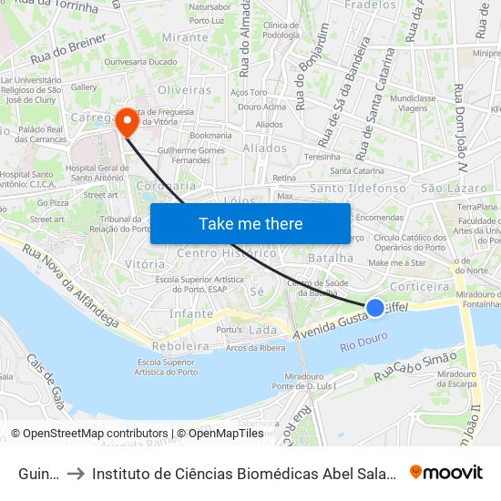 Guindais to Instituto de Ciências Biomédicas Abel Salazar - Polo de Medicina map