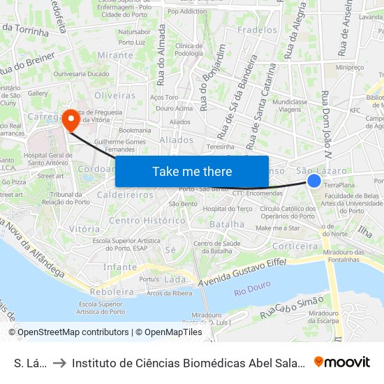 S. Lázaro to Instituto de Ciências Biomédicas Abel Salazar - Polo de Medicina map