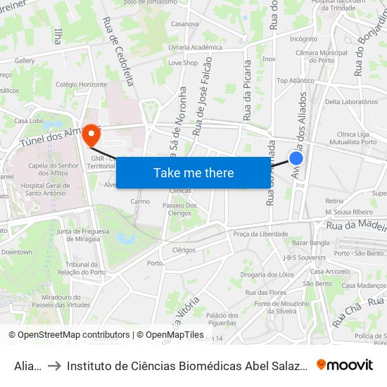 Aliados to Instituto de Ciências Biomédicas Abel Salazar - Polo de Medicina map