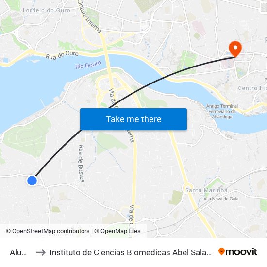 Alumiara to Instituto de Ciências Biomédicas Abel Salazar - Polo de Medicina map