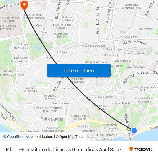 Ribeira to Instituto de Ciências Biomédicas Abel Salazar - Polo de Medicina map