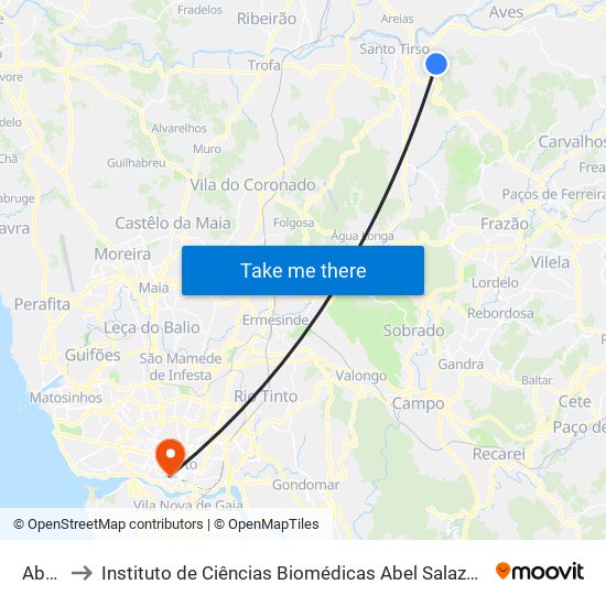 Abelha to Instituto de Ciências Biomédicas Abel Salazar - Polo de Medicina map