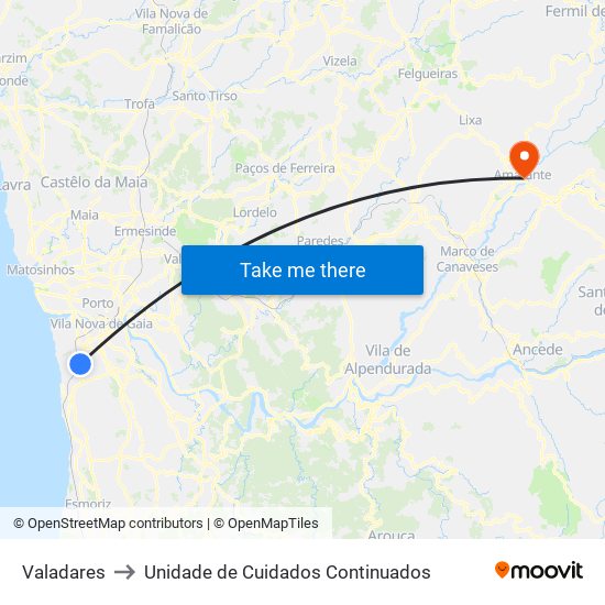 Valadares to Unidade de Cuidados Continuados map