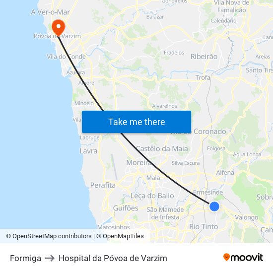 Formiga to Hospital da Póvoa de Varzim map