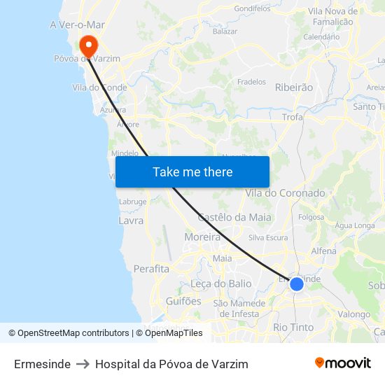 Ermesinde to Hospital da Póvoa de Varzim map
