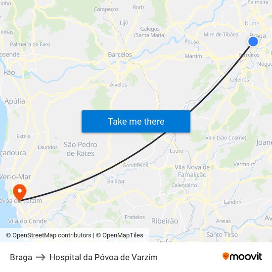 Braga to Hospital da Póvoa de Varzim map