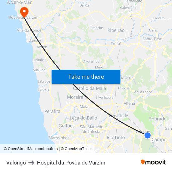 Valongo to Hospital da Póvoa de Varzim map