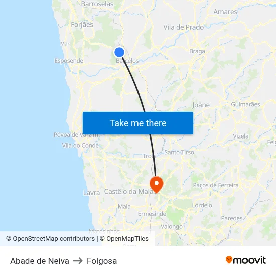 Abade de Neiva to Folgosa map