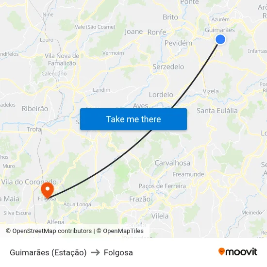 Guimarães (Estação) to Folgosa map