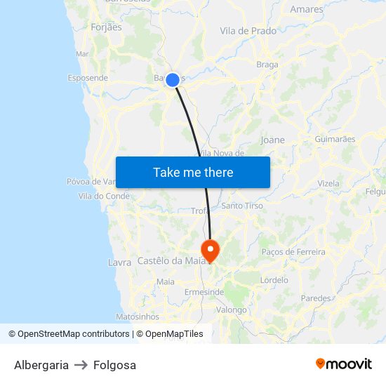 Albergaria to Folgosa map