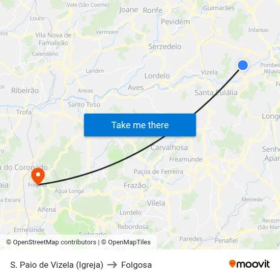 S. Paio de Vizela (Igreja) to Folgosa map