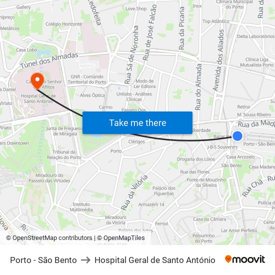 Porto - São Bento to Hospital Geral de Santo António map