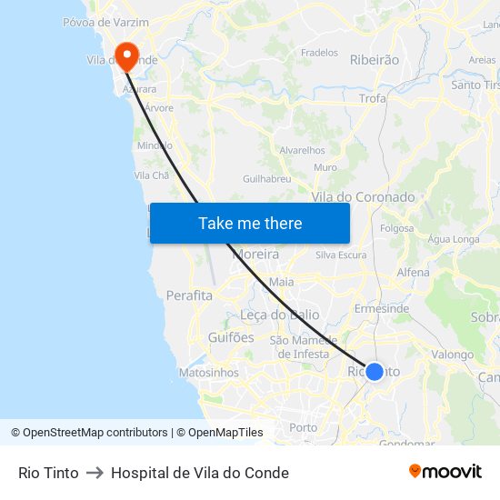 Rio Tinto to Hospital de Vila do Conde map