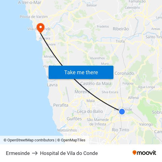 Ermesinde to Hospital de Vila do Conde map