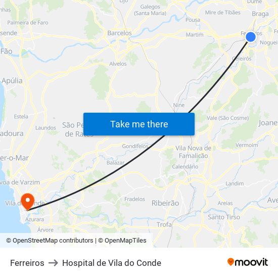 Ferreiros to Hospital de Vila do Conde map