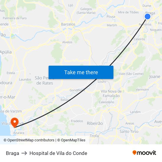 Braga to Hospital de Vila do Conde map