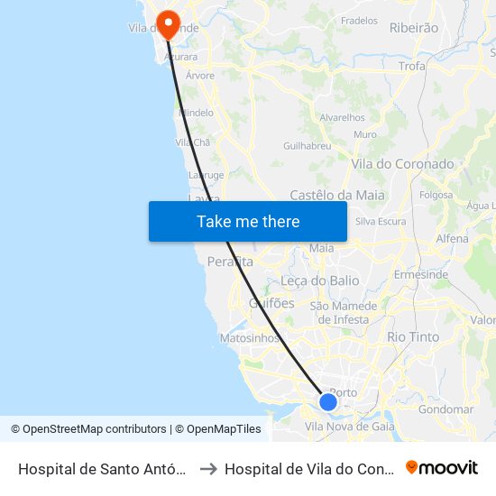 Hospital de Santo António to Hospital de Vila do Conde map