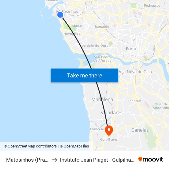 Matosinhos (Praia) to Instituto Jean Piaget - Gulpilhares map