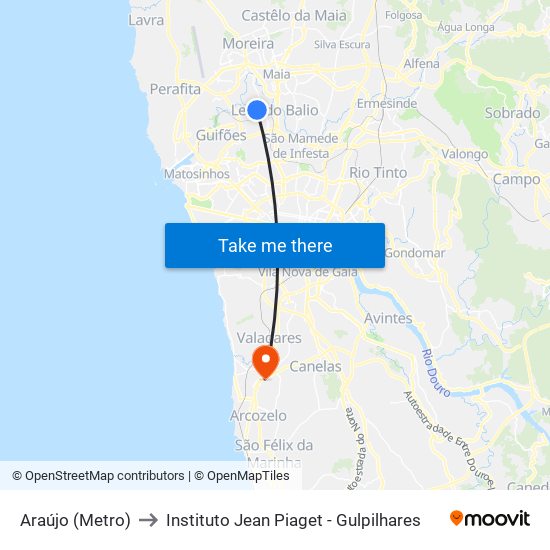 Araújo (Metro) to Instituto Jean Piaget - Gulpilhares map