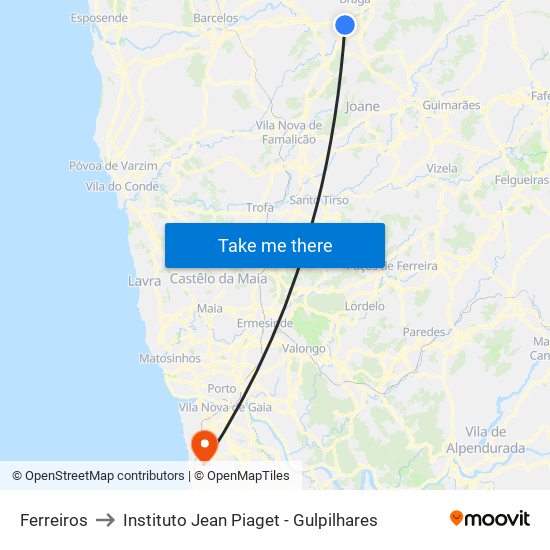Ferreiros to Instituto Jean Piaget - Gulpilhares map
