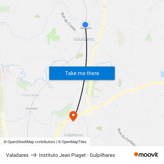 Valadares to Instituto Jean Piaget - Gulpilhares map