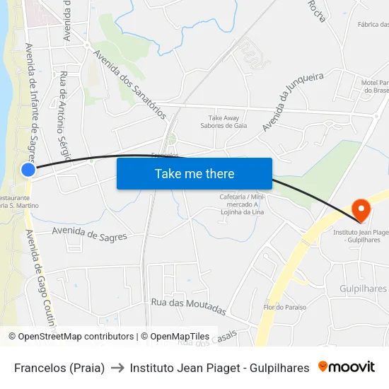 Francelos (Praia) to Instituto Jean Piaget - Gulpilhares map