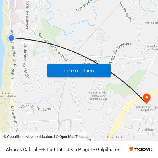 Álvares Cabral to Instituto Jean Piaget - Gulpilhares map