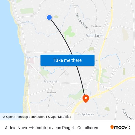 Aldeia Nova to Instituto Jean Piaget - Gulpilhares map