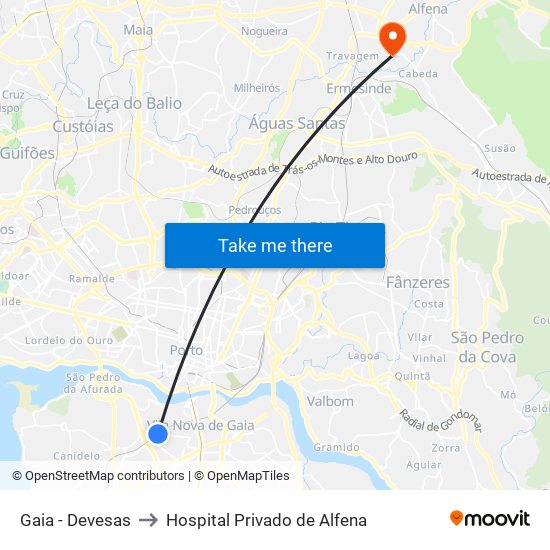 Gaia - Devesas to Hospital Privado de Alfena map