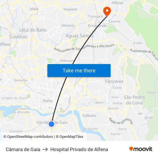 Câmara de Gaia to Hospital Privado de Alfena map