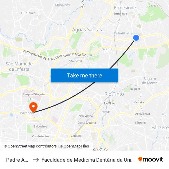 Padre Américo to Faculdade de Medicina Dentária da Universidade do Porto map