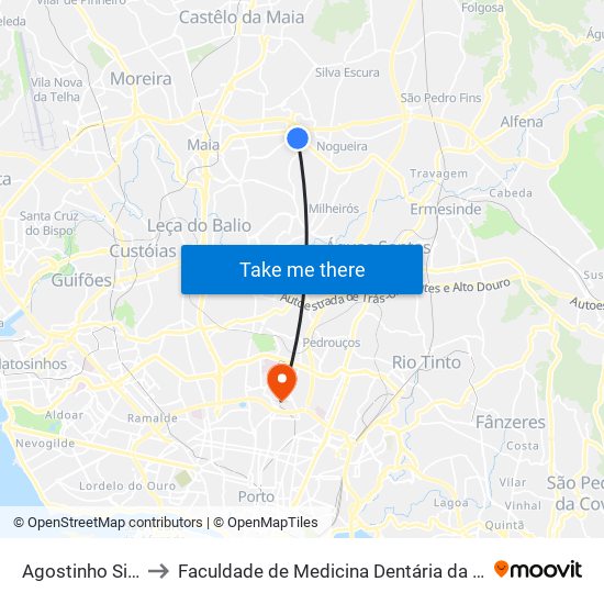 Agostinho Silva Rocha to Faculdade de Medicina Dentária da Universidade do Porto map