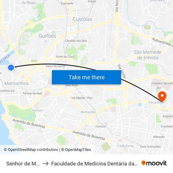 Senhor de Matosinhos to Faculdade de Medicina Dentária da Universidade do Porto map