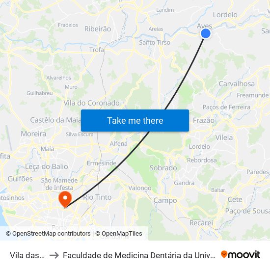 Vila das Aves to Faculdade de Medicina Dentária da Universidade do Porto map
