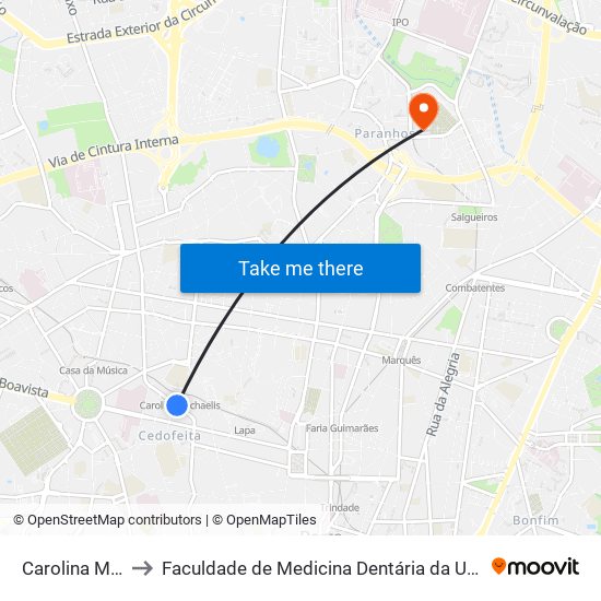 Carolina Michaelis to Faculdade de Medicina Dentária da Universidade do Porto map