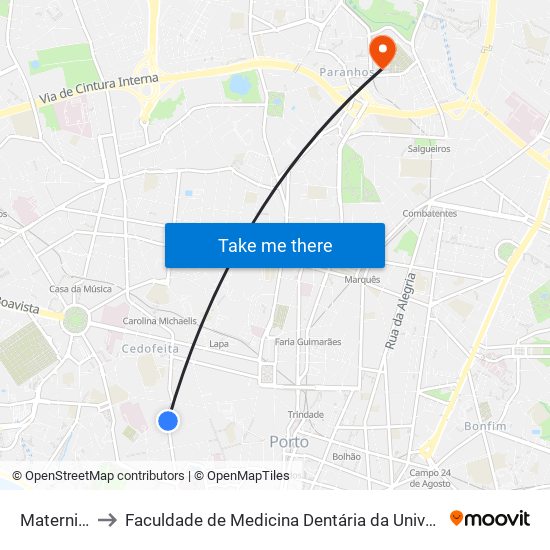 Maternidade to Faculdade de Medicina Dentária da Universidade do Porto map