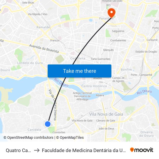Quatro Caminhos to Faculdade de Medicina Dentária da Universidade do Porto map