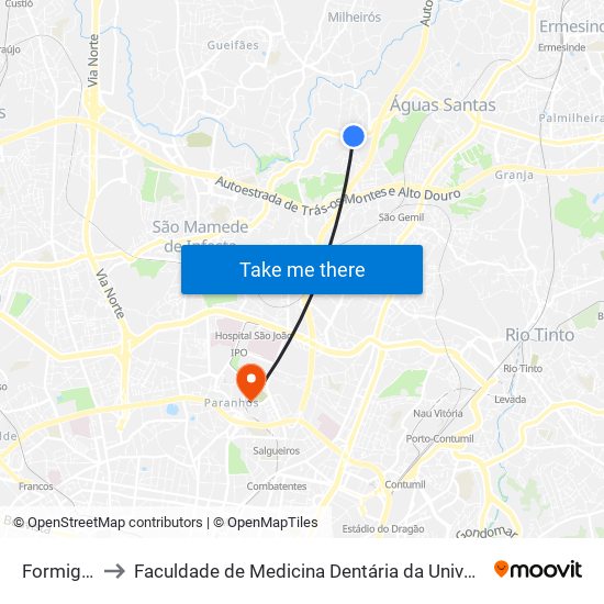 Formigueiro to Faculdade de Medicina Dentária da Universidade do Porto map