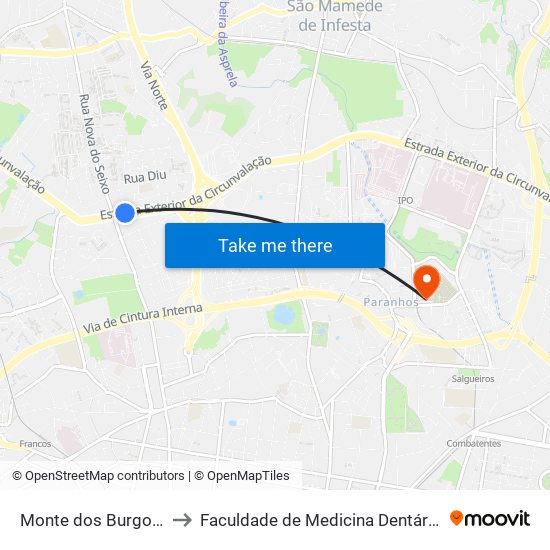 Monte dos Burgos (Circunvalação) to Faculdade de Medicina Dentária da Universidade do Porto map