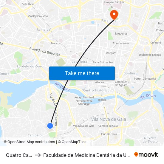 Quatro Caminhos to Faculdade de Medicina Dentária da Universidade do Porto map