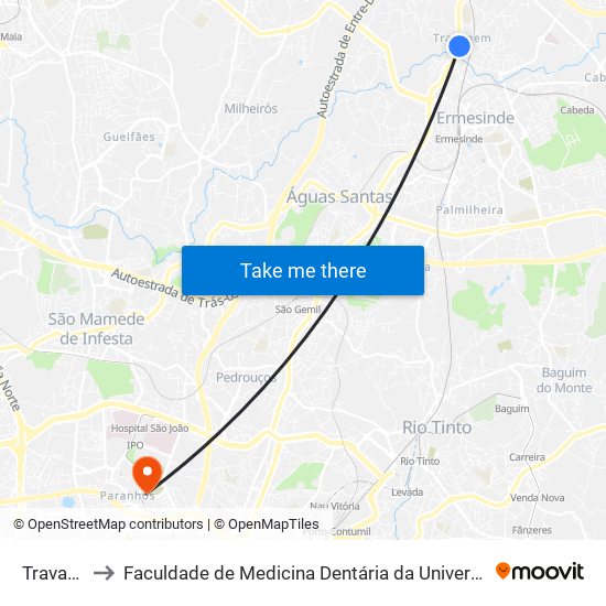 Travagem to Faculdade de Medicina Dentária da Universidade do Porto map