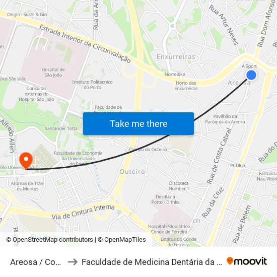 Areosa / Costa Cabral to Faculdade de Medicina Dentária da Universidade do Porto map