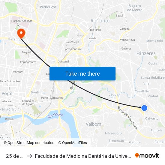 25 de Abril to Faculdade de Medicina Dentária da Universidade do Porto map