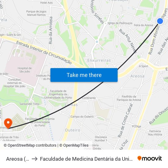 Areosa (Feira) to Faculdade de Medicina Dentária da Universidade do Porto map