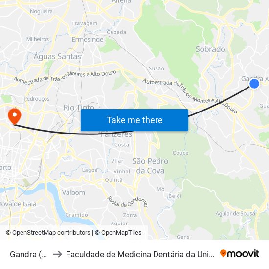 Gandra (Junta) to Faculdade de Medicina Dentária da Universidade do Porto map