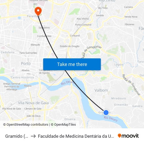 Gramido (Passal) to Faculdade de Medicina Dentária da Universidade do Porto map